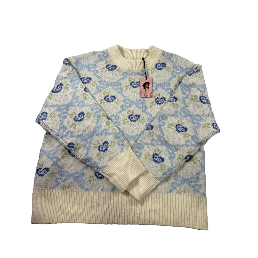 Sincerely Jules Floral Knit Pullover Sweater Small Ivory Blue Green Crew Neck